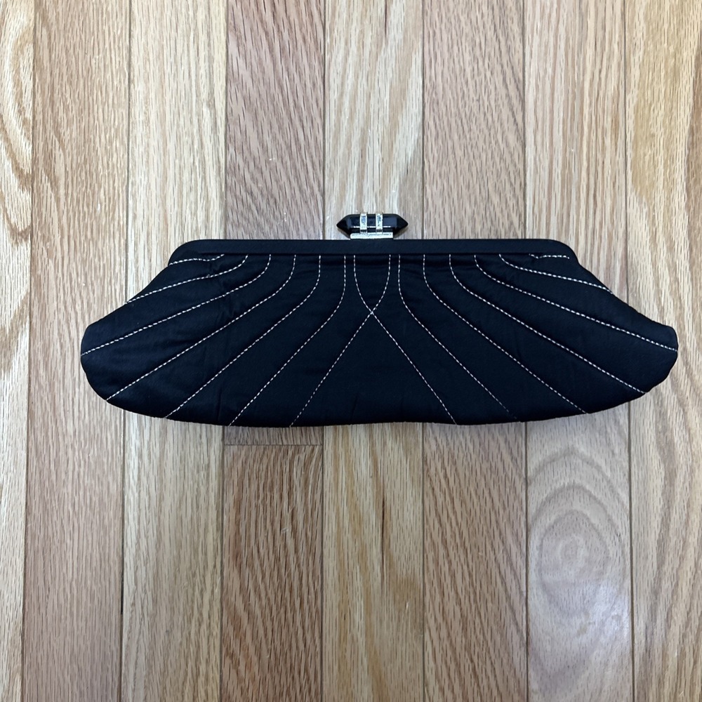 BANANA REPUBLIC Women Small Black Silk Clutch Evening Bag With Gemstone Closure